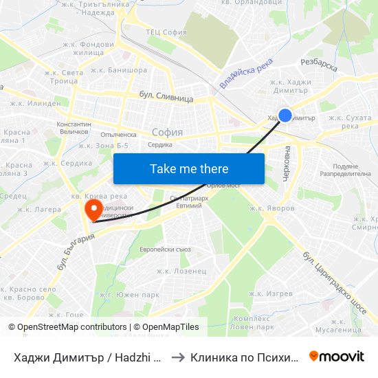 Хаджи Димитър / Hadzhi Dimitar to Клиника по Психиатрия map