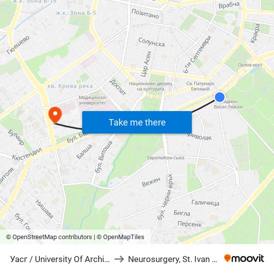Уасг / University Of Architecture (0386) to Neurosurgery, St. Ivan Rilski hospital map