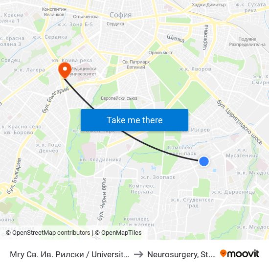 Мгу Св. Ив. Рилски / University Of Mining And Geology (1033) to Neurosurgery, St. Ivan Rilski hospital map