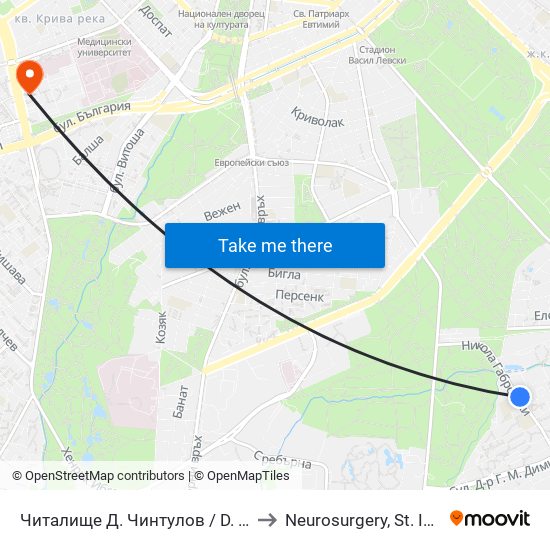 Читалище Д. Чинтулов / D. Chintulov Library (2366) to Neurosurgery, St. Ivan Rilski hospital map
