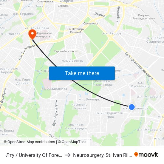 Лту / University Of Forestry (0614) to Neurosurgery, St. Ivan Rilski hospital map