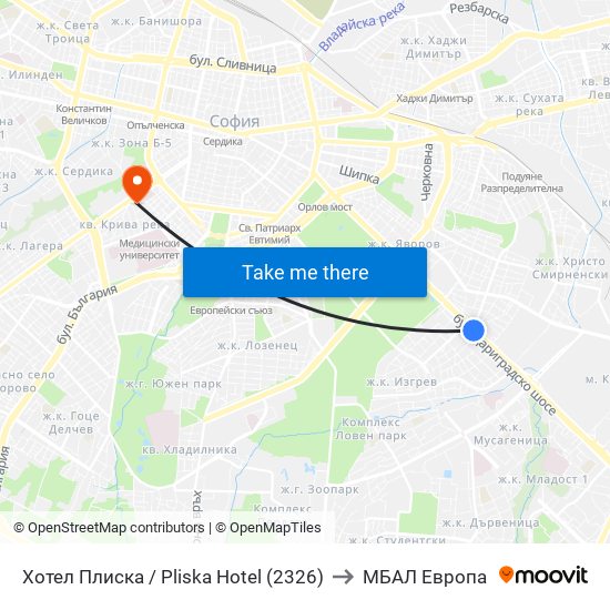 Хотел Плиска / Pliska Hotel (2326) to МБАЛ Европа map