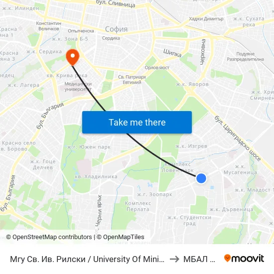 🎓 Минно-Геоложки Университет / University Of Mining And Geology (1033) to МБАЛ Европа map