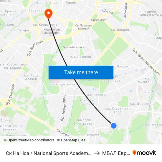 Ск На Нса / National Sports Academy (1609) to МБАЛ Европа map