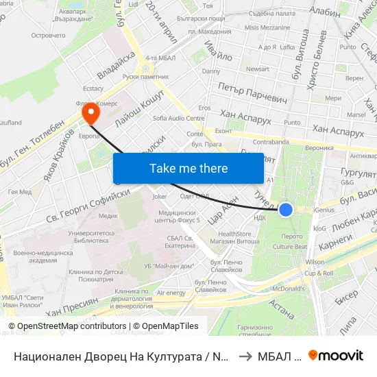 Ⓜ️ Национален Дворец На Културата / National Palace Of Culture (1139) to МБАЛ Европа map