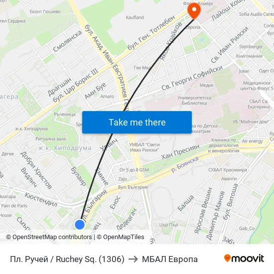 Пл. Ручей / Ruchey Sq. (1306) to МБАЛ Европа map