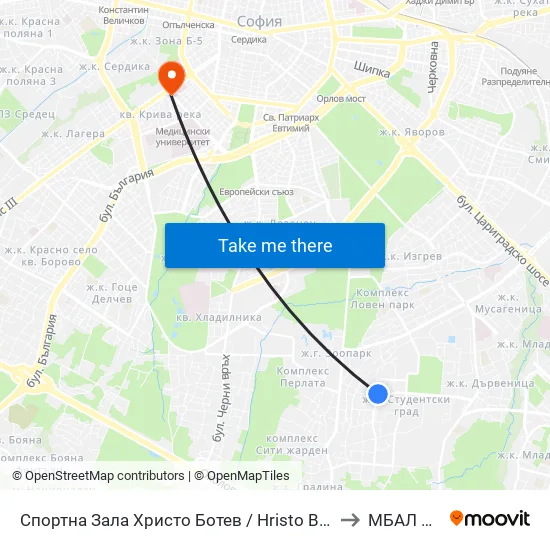 Спортна Зала Христо Ботев / Hristo Botev Sports Hall (1611) to МБАЛ Европа map