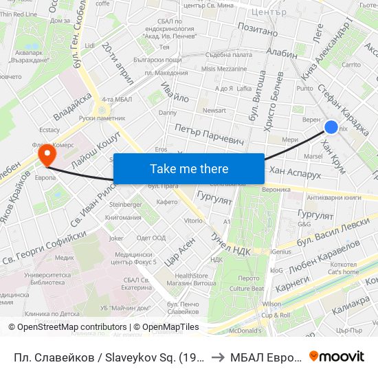 Пл. Славейков / Slaveykov Sq. (1908) to МБАЛ Европа map