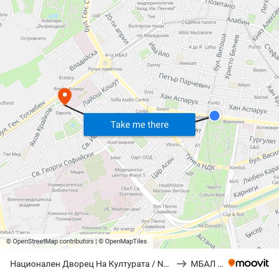 Национален Дворец На Културата / National Palace Of Culture (1136) to МБАЛ Европа map