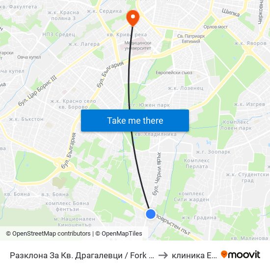 Разклона За Кв. Драгалевци / Fork Road To Dragalevtsi Qr. (1457) to клиника Евродерма map