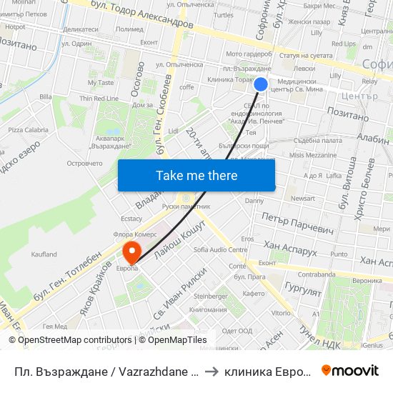 Пл. Възраждане / Vazrazhdane Sq. (1269) to клиника Евродерма map