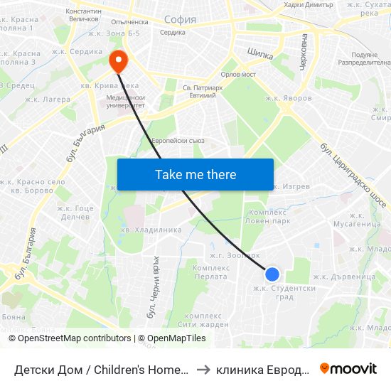Детски Дом / Children's Home (0530) to клиника Евродерма map