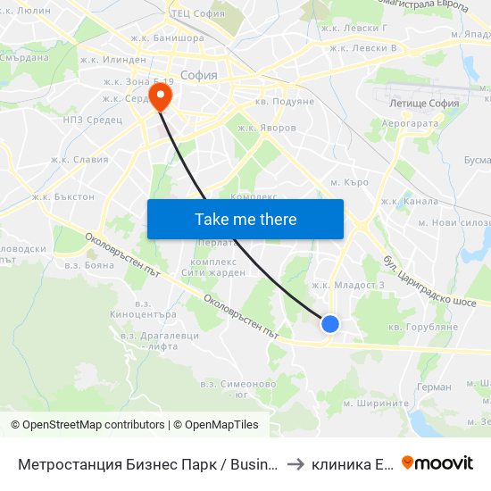 Метростанция Бизнес Парк / Business Park Metro Station (2490) to клиника Евродерма map