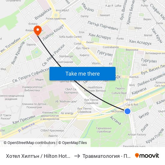 Хотел Хилтън / Hilton Hotel (0397) to Травматология - Пирогов map