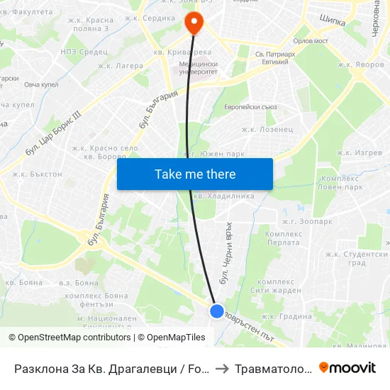 Разклона За Кв. Драгалевци / Fork Road To Dragalevtsi Qr. (1457) to Травматология - Пирогов map