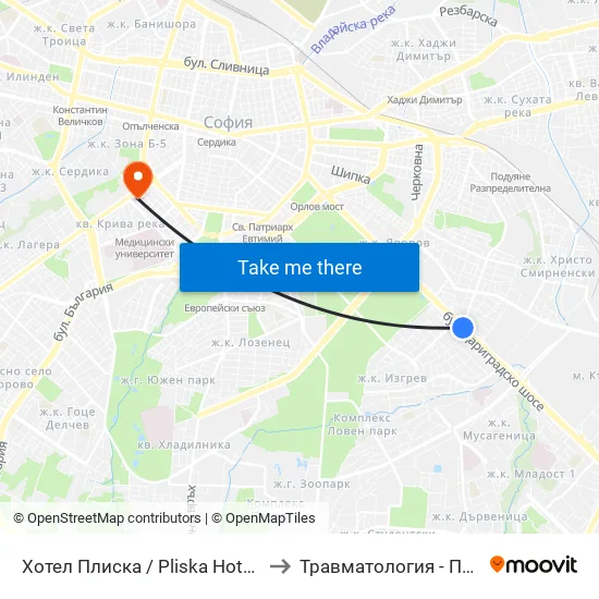 Хотел Плиска / Pliska Hotel (2326) to Травматология - Пирогов map