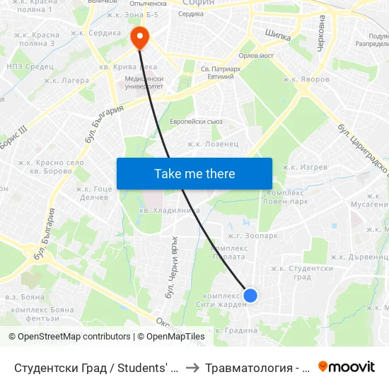Студентски Град / Students' Town (2382) to Травматология - Пирогов map