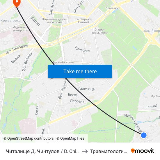 Читалище Д. Чинтулов / D. Chintulov Library (2365) to Травматология - Пирогов map