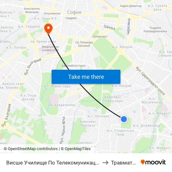 Висше Училище По Телекомуникации / University Of Telecommunications And Post (1396) to Травматология - Пирогов map