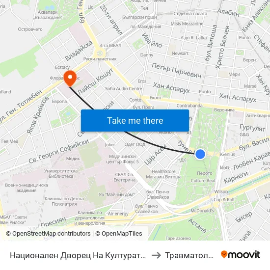 Ⓜ️ Национален Дворец На Културата / National Palace Of Culture (1139) to Травматология - Пирогов map