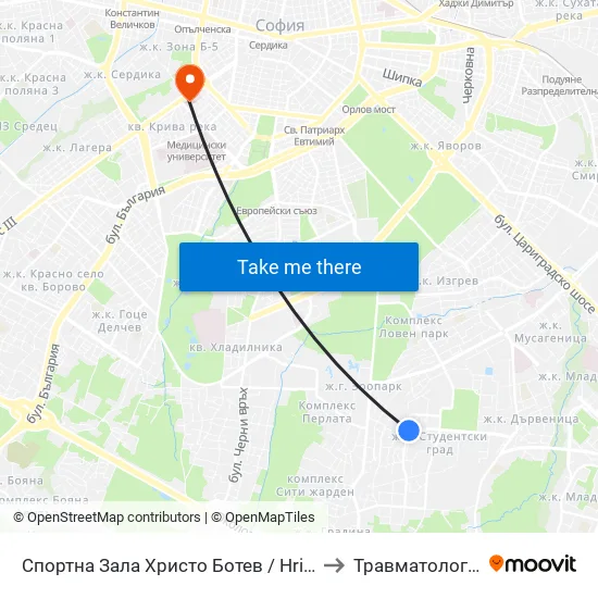 Спортна Зала Христо Ботев / Hristo Botev Sports Hall (1611) to Травматология - Пирогов map