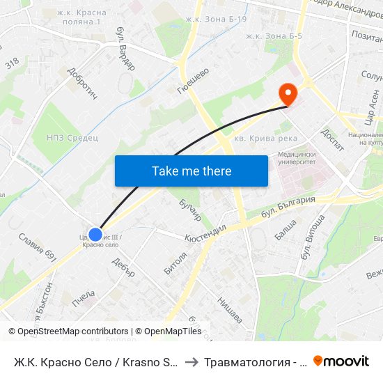 Ж.К. Красно Село / Krasno Selo Qr. (0638) to Травматология - Пирогов map