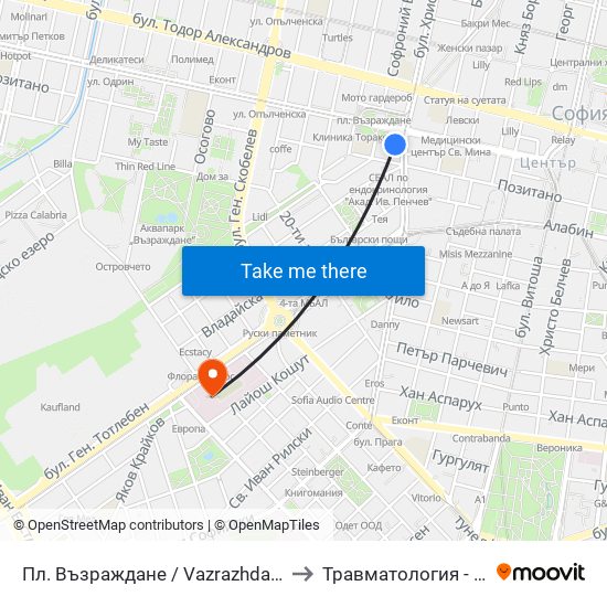 Пл. Възраждане / Vazrazhdane Sq. (1269) to Травматология - Пирогов map