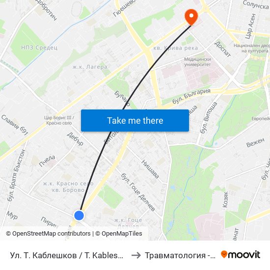 Ул. Т. Каблешков / T. Kableshkov St. (2211) to Травматология - Пирогов map