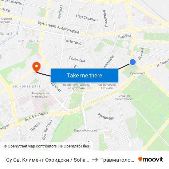 Су Св. Климент Охридски / Sofia University St. Kliment Ohridski to Травматология - Пирогов map