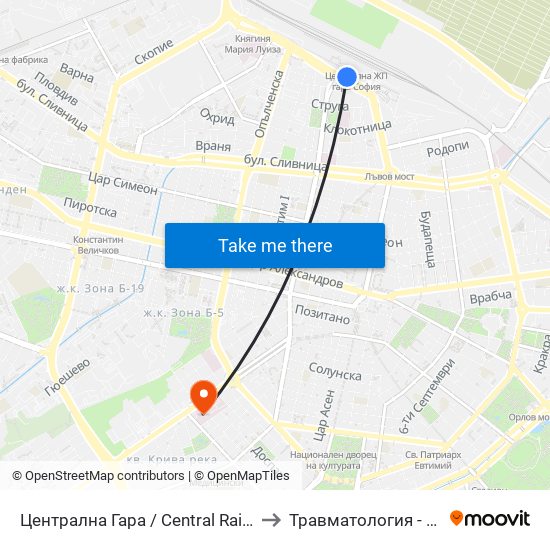 Централна Гара / Central Railway Station to Травматология - Пирогов map