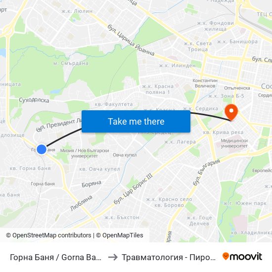 Горна Баня / Gorna Banya to Травматология - Пирогов map