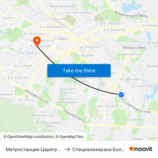 Ⓜ️ Метростанция Цариградско Шосе / Tsarigradsko Shosse Metro Station (1016) to Специализирана Болница За деца С Церабрална Парализа "Света София" map