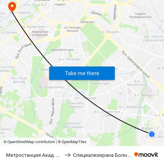 Метростанция Акад. А. Т. - Балан / Acad. A. T.-Balan Metro Station (1917) to Специализирана Болница За деца С Церабрална Парализа "Света София" map