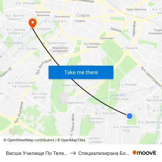 Висше Училище По Телекомуникации / University Of Telecommunications And Post (1396) to Специализирана Болница За деца С Церабрална Парализа "Света София" map