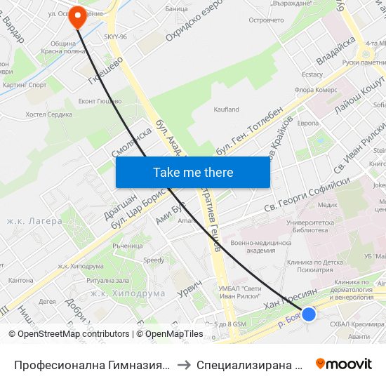 Професионална Гимназия По Дизайн Елисавета Вазова / Elisaveta Vazova High School Of Design (1736) to Специализирана Болница За деца С Церабрална Парализа "Света София" map