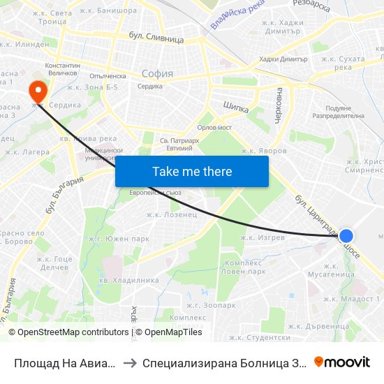 Площад На Авиацията / Aviation Square (1258) to Специализирана Болница За деца С Церабрална Парализа "Света София" map