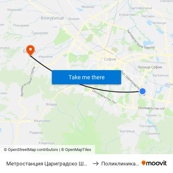 Ⓜ️ Метростанция Цариградско Шосе / Tsarigradsko Shosse Metro Station (1016) to Поликлиника на "СБР - НК" - Банкя map