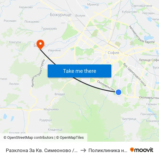 Разклона За Кв. Симеоново / Fork Road To Simeonovo Qr. (1459) to Поликлиника на "СБР - НК" - Банкя map