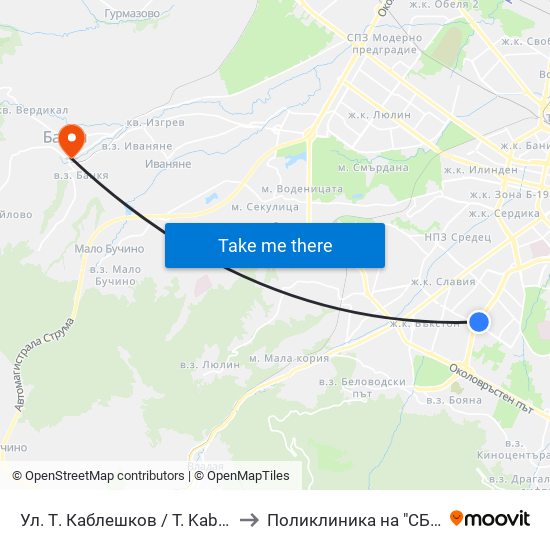 Ул. Т. Каблешков / T. Kableshkov St. (2213) to Поликлиника на "СБР - НК" - Банкя map