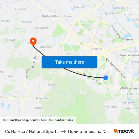 Ск На Нса / National Sports Academy (1609) to Поликлиника на "СБР - НК" - Банкя map