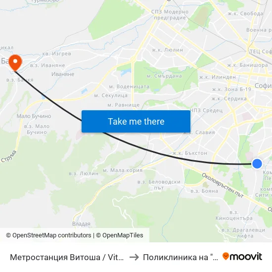 Ⓜ️ Метростанция Витоша / Vitosha Metro Station (2654) to Поликлиника на "СБР - НК" - Банкя map