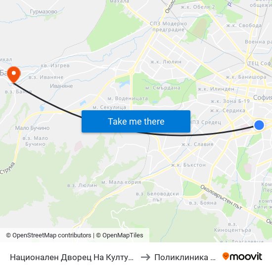 Национален Дворец На Културата / National Palace Of Culture (1139) to Поликлиника на "СБР - НК" - Банкя map