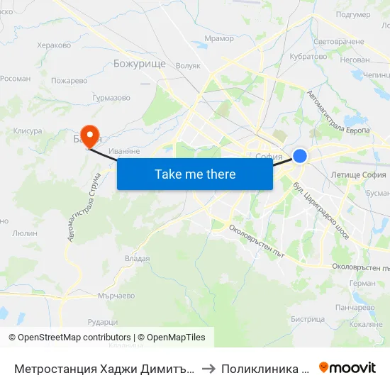 Метростанция Хаджи Димитър / Hadzhi Dimitar Metro Station (0303) to Поликлиника на "СБР - НК" - Банкя map