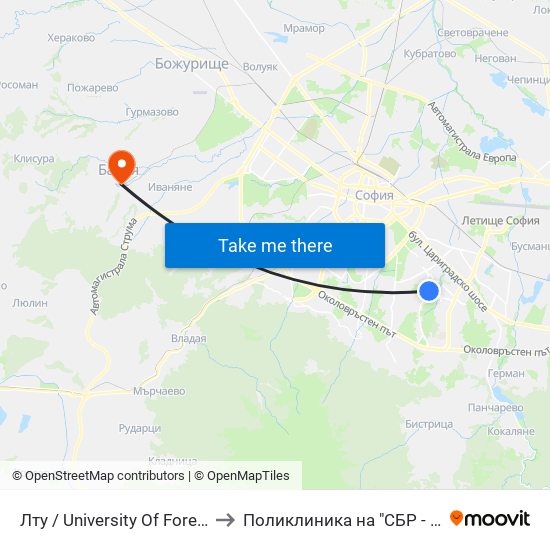 Лту / University Of Forestry (0617) to Поликлиника на "СБР - НК" - Банкя map