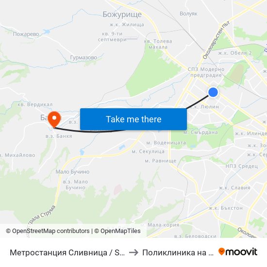 Метростанция Сливница / Slivnitsa Metro Station (1063) to Поликлиника на "СБР - НК" - Банкя map