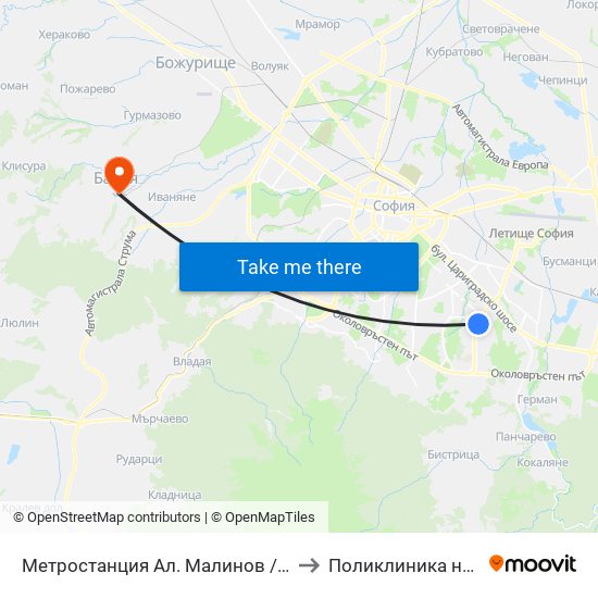 Метростанция Ал. Малинов / Al. Malinov Metro Station (0169) to Поликлиника на "СБР - НК" - Банкя map