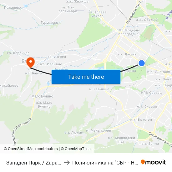 Западен Парк / Zapaden Park to Поликлиника на "СБР - НК" - Банкя map