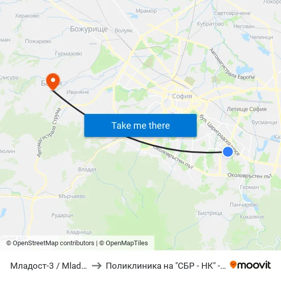 Младост 3 / Mladost 3 to Поликлиника на "СБР - НК" - Банкя map