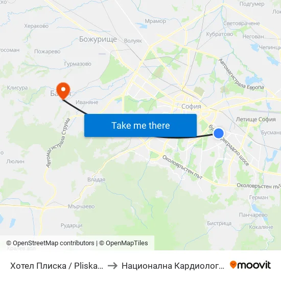 Хотел Плиска / Pliska Hotel (2326) to Национална Кардиологична Болница map