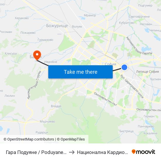 Гара Подуяне / Poduyane Train Station (0468) to Национална Кардиологична Болница map